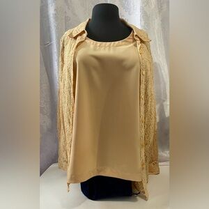Denim & Co. 1X Lace Long Sleeve Button Up Top with Camisole Set Beige GUC